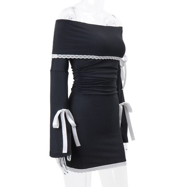 Black Long Sleeve Off-shoulder Bow Mini Dress Black Long Sleeve Off-shoulder Bow Mini Dress