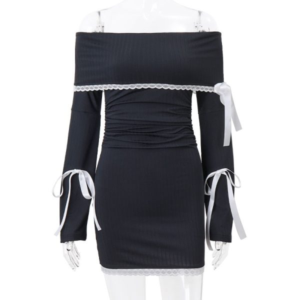 Black Long Sleeve Off-shoulder Bow Mini Dress Black Long Sleeve Off-shoulder Bow Mini Dress