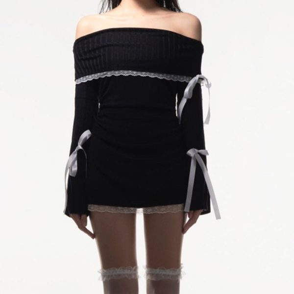 Black Long Sleeve Off-shoulder Bow Mini Dress Black Long Sleeve Off-shoulder Bow Mini Dress