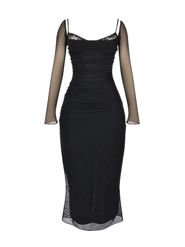 Black Mesh Long Sleeves Lace Trim Maxi Dress