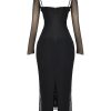Black Mesh Long Sleeves Lace Trim Maxi Dress