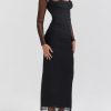 Black Mesh Long Sleeves Lace Trim Maxi Dress