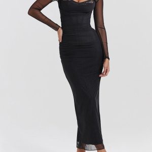 Black Mesh Long Sleeves Lace Trim Maxi Dress