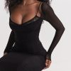 Black Mesh Long Sleeves Lace Trim Maxi Dress