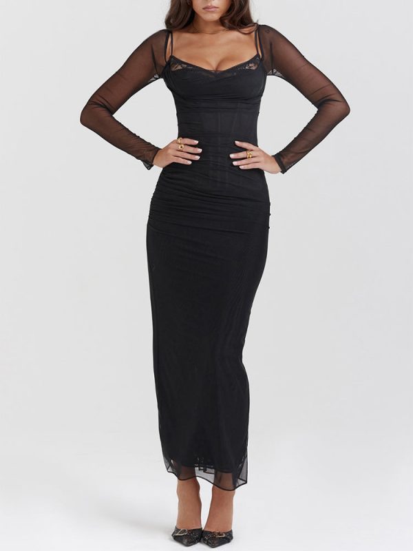 Black Mesh Long Sleeves Lace Trim Maxi Dress
