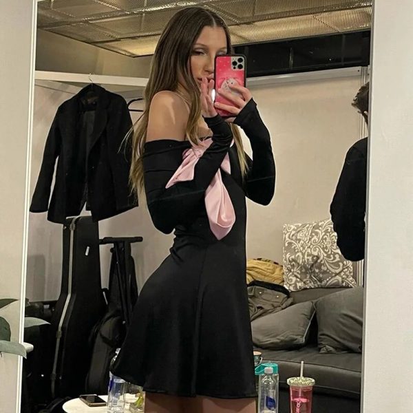 Black Off-shoulder Bow Long Sleeve Mini Dress Black Off-shoulder Bow Long Sleeve Mini Dress