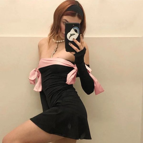 Black Off-shoulder Bow Long Sleeve Mini Dress Black Off-shoulder Bow Long Sleeve Mini Dress