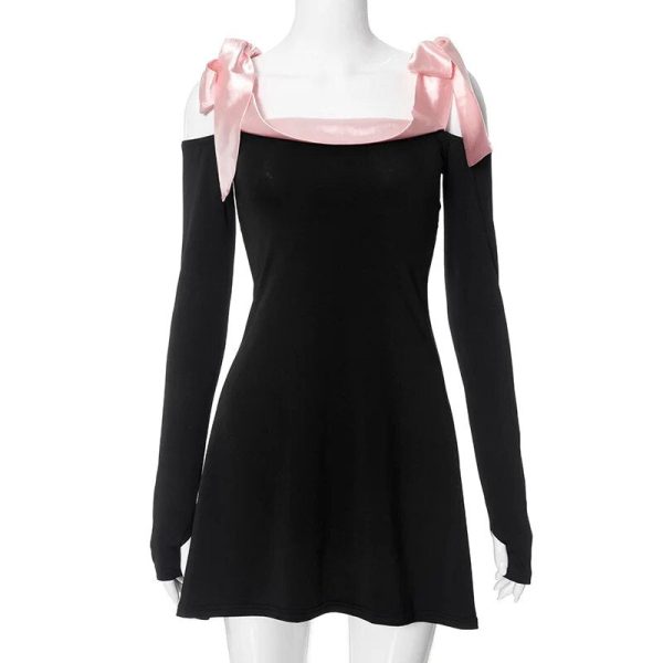 Black Off-shoulder Bow Long Sleeve Mini Dress Black Off-shoulder Bow Long Sleeve Mini Dress