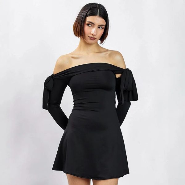 Black Off-shoulder Bow Long Sleeve Mini Dress Black Off-shoulder Bow Long Sleeve Mini Dress