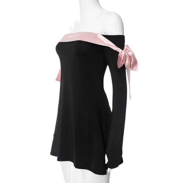 Black Off-shoulder Bow Long Sleeve Mini Dress Black Off-shoulder Bow Long Sleeve Mini Dress