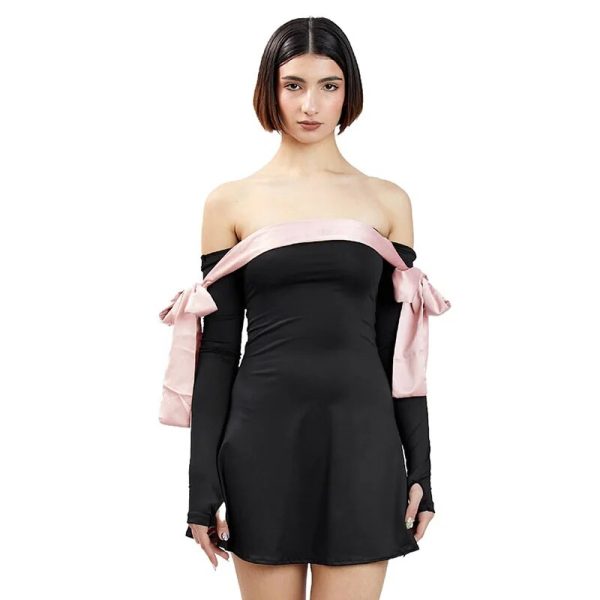 Black Off-shoulder Bow Long Sleeve Mini Dress Black Off-shoulder Bow Long Sleeve Mini Dress