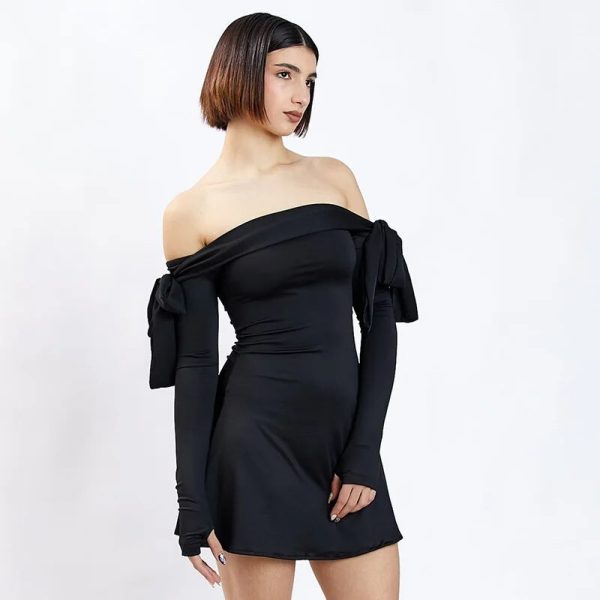 Black Off-shoulder Bow Long Sleeve Mini Dress Black Off-shoulder Bow Long Sleeve Mini Dress