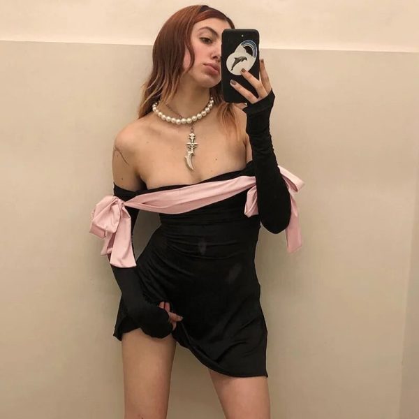 Black Off-shoulder Bow Long Sleeve Mini Dress Black Off-shoulder Bow Long Sleeve Mini Dress