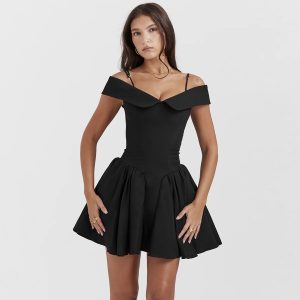 Black Off-Shoulder Frill Mini Dress