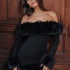 Black Off-shoulder Fur Long Sleeve Mini Dress Black Off-shoulder Fur Long Sleeve Mini Dress
