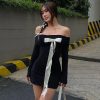 Black Off-Shoulder Long Sleeve Bow Mini Dress Black Off-Shoulder Long Sleeve Bow Mini Dress