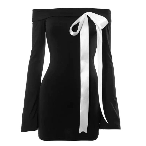 Black Off-Shoulder Long Sleeve Bow Mini Dress Black Off-Shoulder Long Sleeve Bow Mini Dress