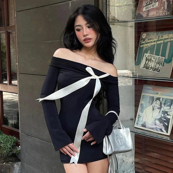 Black Off-Shoulder Long Sleeve Bow Mini Dress Black Off-Shoulder Long Sleeve Bow Mini Dress
