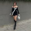 Black Off-Shoulder Long Sleeve Bow Mini Dress Black Off-Shoulder Long Sleeve Bow Mini Dress