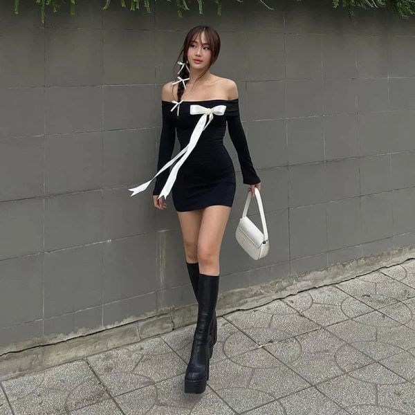 Black Off-Shoulder Long Sleeve Bow Mini Dress Black Off-Shoulder Long Sleeve Bow Mini Dress