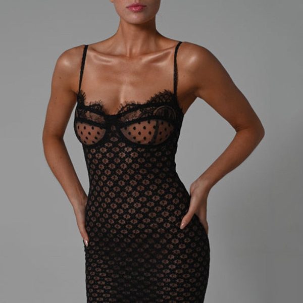 Black Polka Dot Lace Sheer Cupped Maxi Dress Black Polka Dot Lace Sheer Cupped Maxi Dress