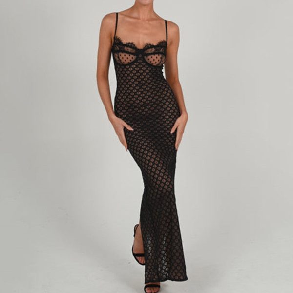 Black Polka Dot Lace Sheer Cupped Maxi Dress Black Polka Dot Lace Sheer Cupped Maxi Dress