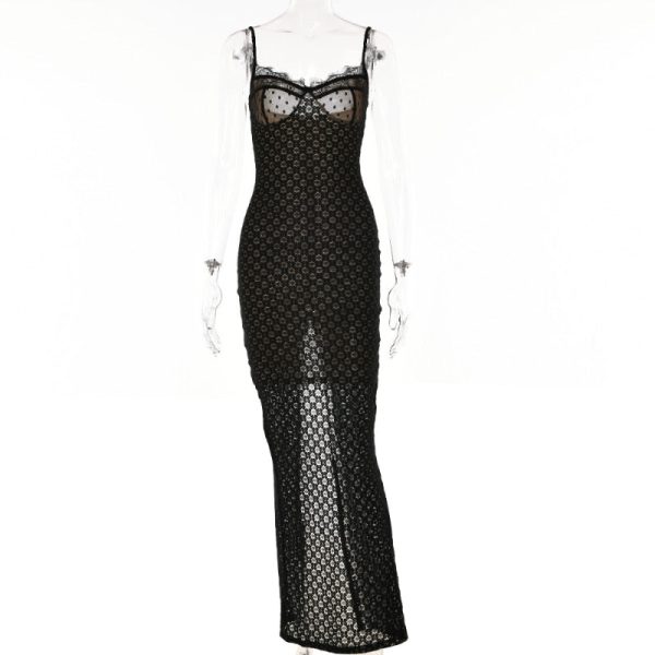 Black Polka Dot Lace Sheer Cupped Maxi Dress Black Polka Dot Lace Sheer Cupped Maxi Dress