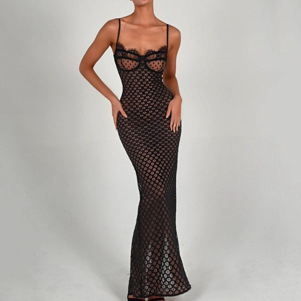 Black Polka Dot Lace Sheer Cupped Maxi Dress Black Polka Dot Lace Sheer Cupped Maxi Dress