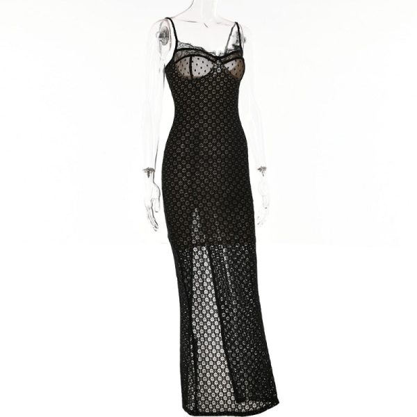 Black Polka Dot Lace Sheer Cupped Maxi Dress Black Polka Dot Lace Sheer Cupped Maxi Dress