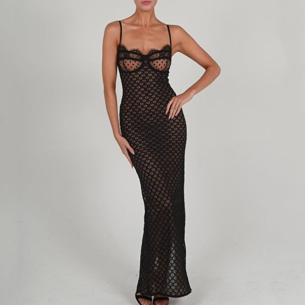 Black Polka Dot Lace Sheer Cupped Maxi Dress Black Polka Dot Lace Sheer Cupped Maxi Dress