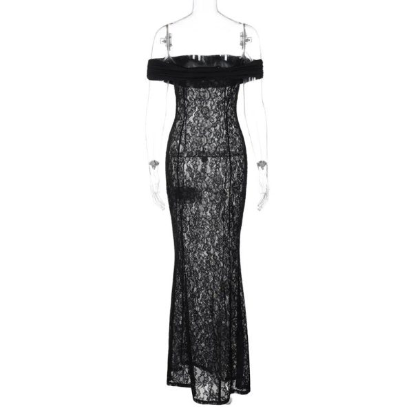 Black Sheer Lace Off Shoulder Maxi Dress