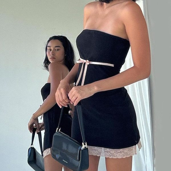Black Tube Bow Lace Trim Mini Dress