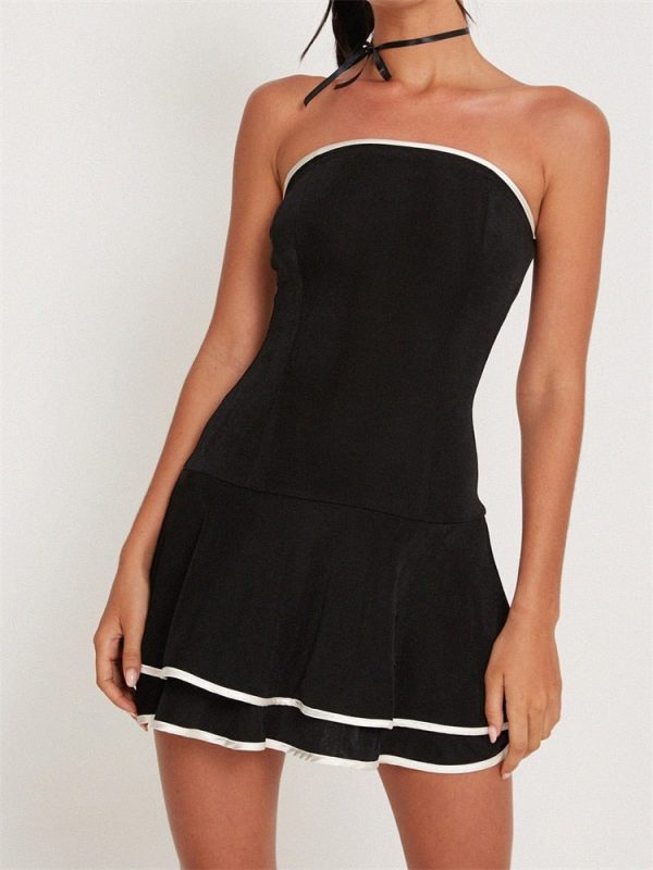 Black Tube Frill White Trim Mini Dress Black Tube Frill White Trim Mini Dress
