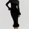 Black Velvet Long Sleeve Fur Trim Bodycon Midi Dress Black Velvet Long Sleeve Fur Trim Bodycon Midi Dress
