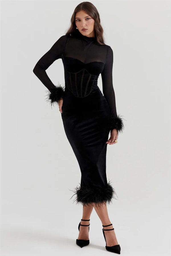 Black Velvet Long Sleeve Fur Trim Bodycon Midi Dress Black Velvet Long Sleeve Fur Trim Bodycon Midi Dress