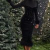 Black Velvet Long Sleeve Fur Trim Bodycon Midi Dress Black Velvet Long Sleeve Fur Trim Bodycon Midi Dress
