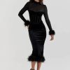 Black Velvet Long Sleeve Fur Trim Bodycon Midi Dress Black Velvet Long Sleeve Fur Trim Bodycon Midi Dress