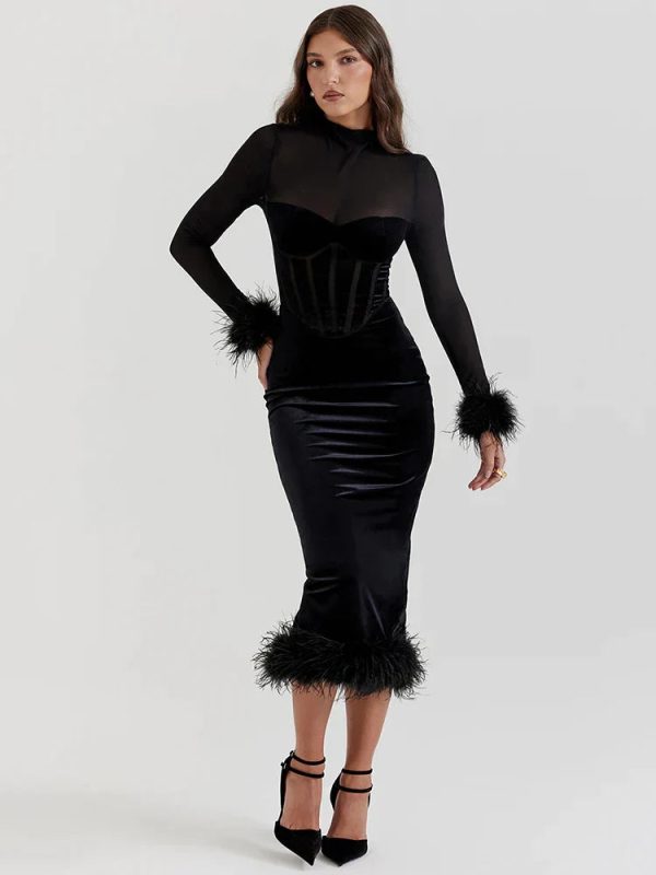 Black Velvet Long Sleeve Fur Trim Bodycon Midi Dress Black Velvet Long Sleeve Fur Trim Bodycon Midi Dress