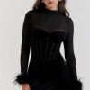 Black Velvet Long Sleeve Fur Trim Bodycon Midi Dress Black Velvet Long Sleeve Fur Trim Bodycon Midi Dress