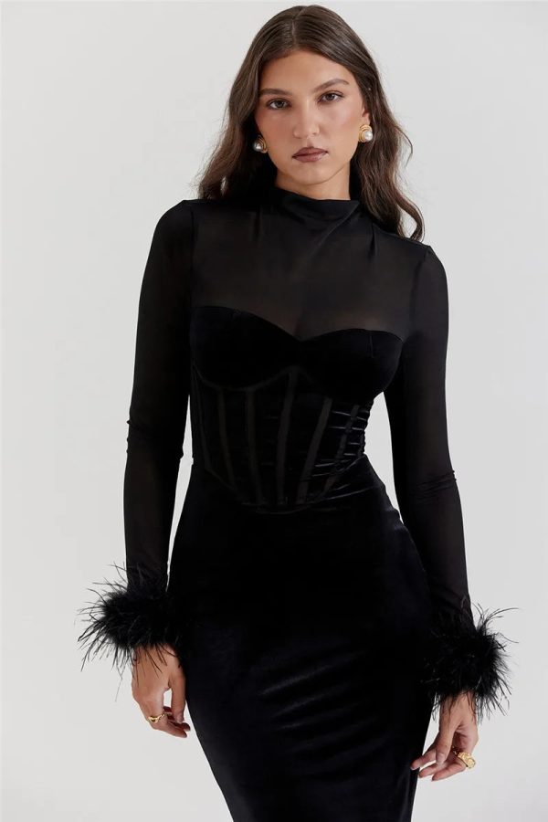 Black Velvet Long Sleeve Fur Trim Bodycon Midi Dress Black Velvet Long Sleeve Fur Trim Bodycon Midi Dress