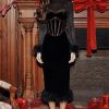 Black Velvet Long Sleeve Fur Trim Bodycon Midi Dress Black Velvet Long Sleeve Fur Trim Bodycon Midi Dress