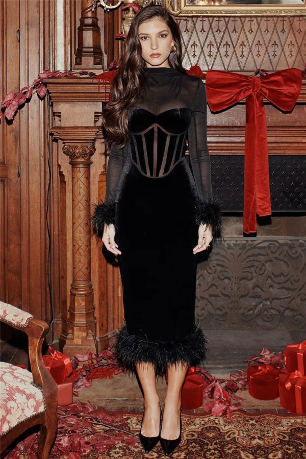 Black Velvet Long Sleeve Fur Trim Bodycon Midi Dress Black Velvet Long Sleeve Fur Trim Bodycon Midi Dress