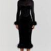 Black Velvet Long Sleeve Fur Trim Bodycon Midi Dress Black Velvet Long Sleeve Fur Trim Bodycon Midi Dress