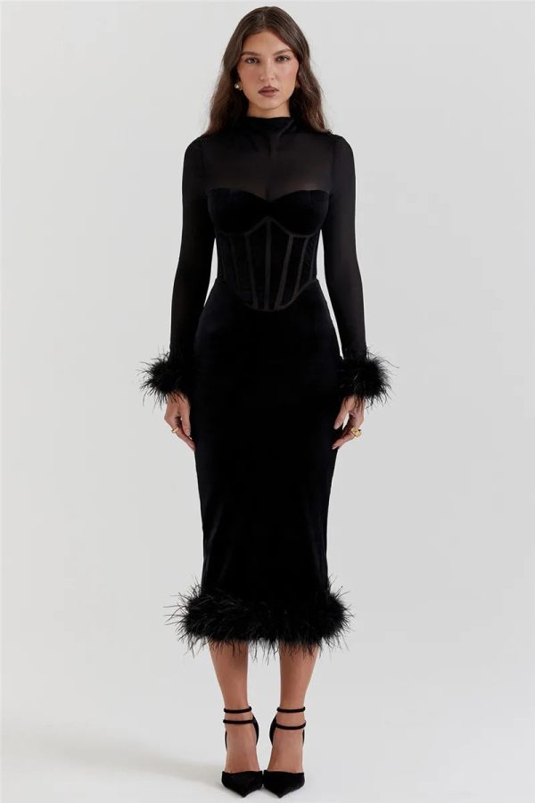 Black Velvet Long Sleeve Fur Trim Bodycon Midi Dress Black Velvet Long Sleeve Fur Trim Bodycon Midi Dress