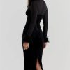 Black Velvet Long Sleeve Fur Trim Bodycon Midi Dress Black Velvet Long Sleeve Fur Trim Bodycon Midi Dress