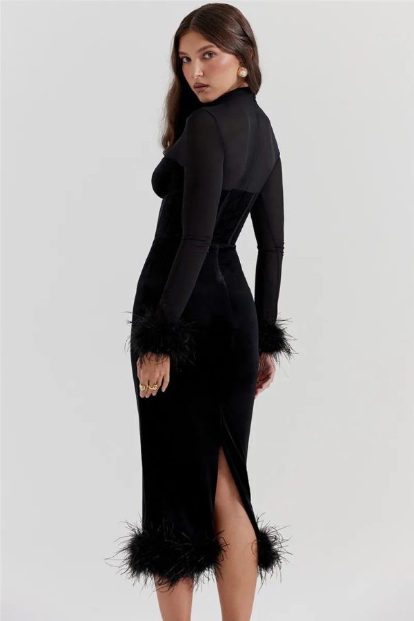 Black Velvet Long Sleeve Fur Trim Bodycon Midi Dress Black Velvet Long Sleeve Fur Trim Bodycon Midi Dress