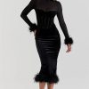 Black Velvet Long Sleeve Fur Trim Bodycon Midi Dress Black Velvet Long Sleeve Fur Trim Bodycon Midi Dress