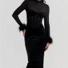 Black Velvet Long Sleeve Fur Trim Bodycon Midi Dress Black Velvet Long Sleeve Fur Trim Bodycon Midi Dress