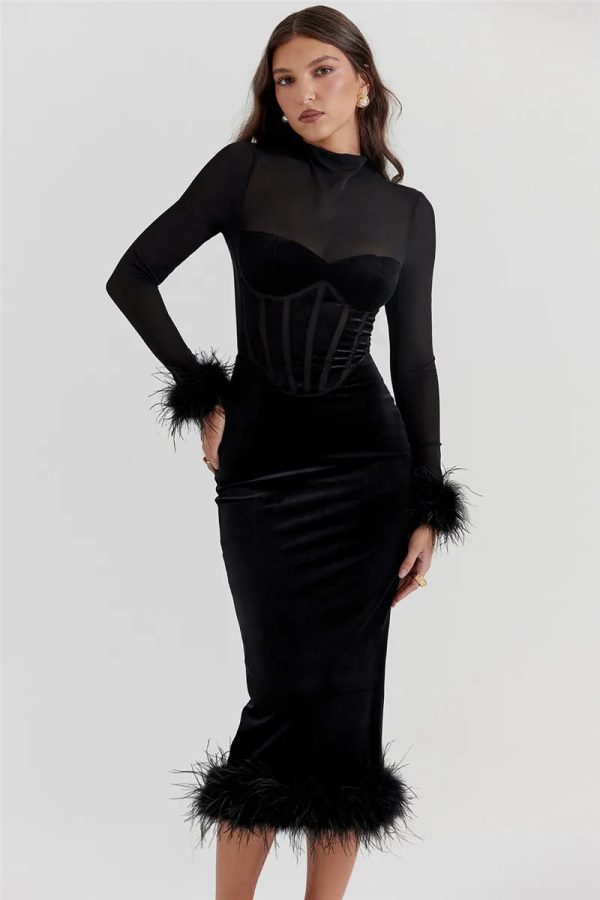 Black Velvet Long Sleeve Fur Trim Bodycon Midi Dress Black Velvet Long Sleeve Fur Trim Bodycon Midi Dress