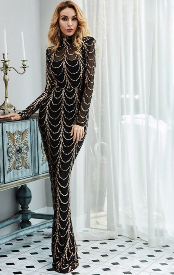 Black With Gold/Sliver Sequins Maxi Dresses Black With Gold/Sliver Sequins Maxi Dresses